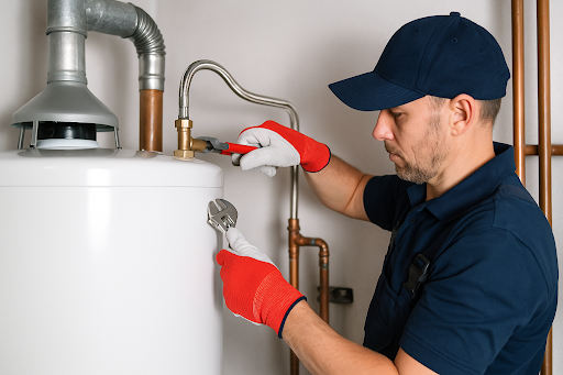 A man working on a water heater tank in Port St. Lucie